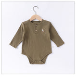 Spring Arrival Baby Unisex Long Sleeves Striped Onesies Bodysuits with Simple Embroidery