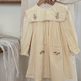 Design Autumn Girls Rabbits and Mushrooms Embroidery Pattern Long Sleeves Pocketed Dress - MyKids-USA™