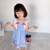 Summer Baby Kids Girls Sleeveless Blue Plaid Square Neck Strap Dress - MyKids-USA™