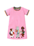 Summer Animals Pattern Short-sleeved Pink Dress with Colorful Striped Neck for Stylish Girls - MyKids-USA™