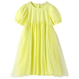 Hot Selling Summer Kids Girls French Style Solid Color Yellow Pure Cotton Short Sleeves Dress
