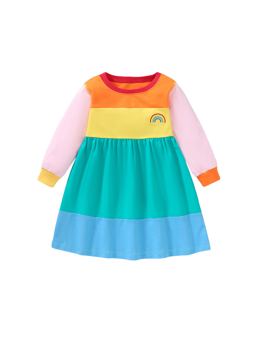 New Arrival Autumn Girls Long Sleeves Rainbow Color Patchwork Crew Neck Dress - MyKids-USA™