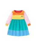 New Arrival Autumn Girls Long Sleeves Rainbow Color Patchwork Crew Neck Dress - MyKids-USA™