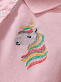Summer Unicorn Logo Short-sleeved Pink Dress with Turn-down Collar for Stylish Girls