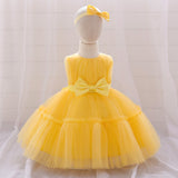 New Arrival Summer Baby Kids Girls Sleeveless Solid Color Ruffle Mesh Bow Tied Dress - MyKids-USA™