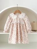 Spring and Autumn Floral Printed and Embroidered Long-sleeved Dress with Lace Collar for Stylish Girls
