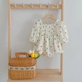 Floral Pattern Lantern Sleeves Princess Style Onesie And Dress