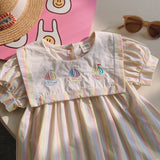 Summer Arrival Baby Kids Girls Short Sleeves Boats Pattern Embroidered Striped Dress