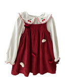Autumn Girls Cherry Embroidered Long Sleeves Heart Pattern French Corduroy Dress - MyKids-USA™