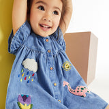 Summer Arrival Denim Cartoon Pattern Fly Sleeves Dress for Stylish Girls