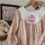 Arrival Autumn Girls Flowers Pattern Crew Neck Long Sleeves Embroidered Dress