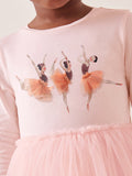 Design Autumn Girls Dancers Cartoon Pattern Crew Neck Long Sleeves Tulle Patchwork Dress - MyKids-USA™