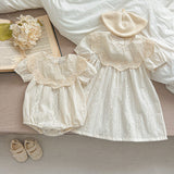 Summer Girls Solid Color Simple Floral Embroidery Big Collar Onesies And Dress – Princess Sister Matching Set - MyKids-USA™