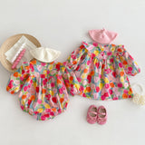 Autumn Arrival Baby Girls Long Sleeves Vivid Floral Print Colorful Onesies and Dress
