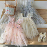Summer Baby Kids Girls Sleeveless Floral Jacquard Mesh Design Off Shoulder Strap Dress