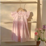 Summer Baby Kids Girls French Fly Sleeves Floral Pattern Embroidered Dress - MyKids-USA™