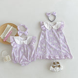 New Arrival Summer Girls Flowers Pattern Fly Sleeves Peter Pan Collar Onesies And Dress – Sister Matching Clothing Set