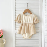 Summer Girls Apricot Patchwork Crew Neck Short Sleeves Onesies And Girls’ Dress – Simple Sister Matching Set - MyKids-USA™