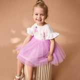 Summer Pure Cotton Cartoon Dancers Pattern Short Sleeves Tulle Patchwork Dress for Stylish Girls