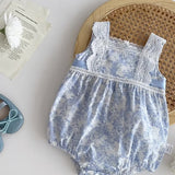 New Design Summer Girls Floral Print Lace Strap Thin Onesies