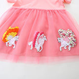 Summer Arrival Cotton Animals Pattern Tulle Patchwork Short Sleeves Dress for Stylish Girls