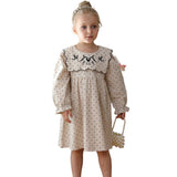 Arrival Autumn Girls Vintage Crew Neck Long Sleeves Dots Print and Flowers Embroidery Pattern Dress - MyKids-USA™