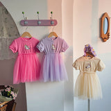 Summer Baby Kids Girls Short-Sleeved Cartoon Unicorn Pattern Mesh Patchwork Dress