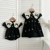 New Design Summer Baby Kids Girls Floral Pattern Collar Short Sleeves Bows Embroidery Onesies And Girls’ Dress – Princess Sister Matching Set - MyKids-USA™