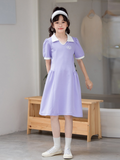 Hot Selling Summer Kids Girls Sports Style Purple Short Sleeves Turn-Down Collar Dress - MyKids-USA™
