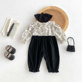 Autumn Arrival Baby Kids Girls Flowers Pattern Long Sleeves Top and Black Overalls Strap Onesies Patchwork Casual Outfits Clothing - MyKids-USA™
