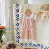 Summer Arrival Flowers Pattern Lace Trim Fly Sleeves Dress for Stylish Girls