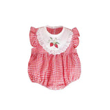 Summer Arrival Baby Cute Plaid Sleeveless Strawberry Embroidered Onesies