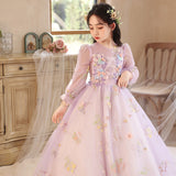 Princess Purple Birthday Dress For Girls: Luxurious Long-Sleeved Piano Performance Attire, Perfect For Spring Celebrations - MyKids-USA™