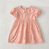 Summer Girls Simple Floral Embroidery Lace Trim Collar Short Sleeves Onesies and Girls’ Dress – Princess Sister Matching