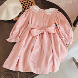 Spring and Autumn Pink Long-sleeved Dress with Floral Pattern Collar for Stylish Girls