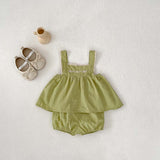 Summer Hot Selling Baby Girls Sleeveless Lace Trim Strap Top Dress And Bloomers Clothing Set