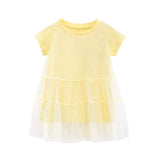 Girl Solid Mesh Pattern Short Sleeve Round Collar Dress In Summer