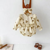 Autumn Girls Teddy Bear Pattern Long Sleeves Crew Neck Onesies And Dress – Sister Matching Clothing Set