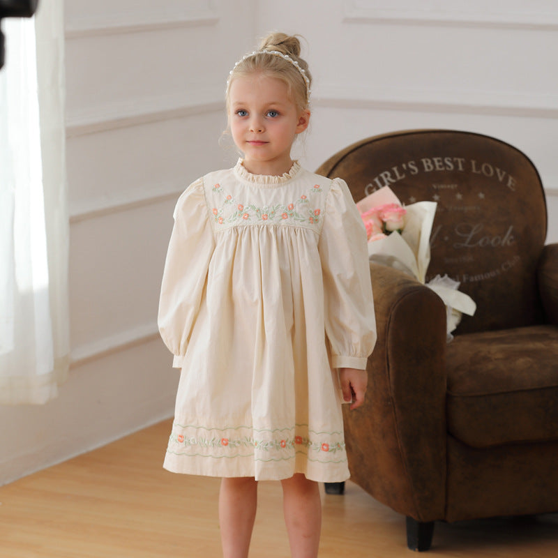 Arrival Autumn Girls Ruffle Neck Long Sleeves Flowers Embroidery Dress - MyKids-USA™