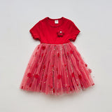 Summer Baby Kids Girls Short-Sleeved 3D Flowers Pattern Mesh Design Patchwork Dress
