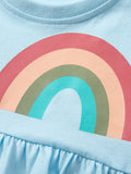 Spring And Summer Baby Girls Blue Short Sleeves Rainbow Pattern Dress