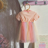 Summer Arrival Butterfly Pattern Short Sleeves Tulle Patchwork Dress for Stylish Girls