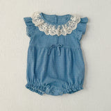New Arrival Summer Girls Blue Plaid Noble Lace Floral Collar Fly Sleeves Onesies And Dress – Princess Sister Matching Set