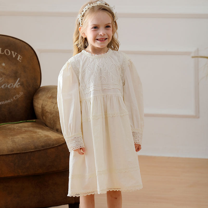 Arrival Lace Trim Design Autumn Girls Embroidery Long Sleeves Dress - MyKids-USA™
