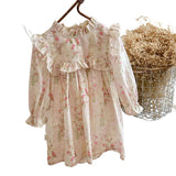 Arrival French Style Autumn Girls Floral Pattern Long Sleeves Ruffle Dress