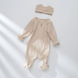 Baby Solid Color Pit Strip Graphic Long Sleeves Soft Cotton Romper Jumpsuit With Headband
