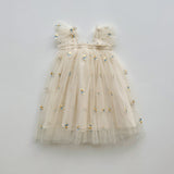 Summer Baby Kids Girls Sleeveless Floral Jacquard Mesh Design Off Shoulder Strap Dress