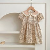 New Design Summer Baby Kids Girls Floral Pattern Short Sleeves Peter Pan Collar Onesies And Girls’ Dress – Princess Sister Matching Set - MyKids-USA™