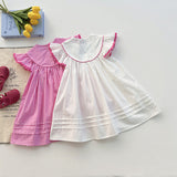 Summer Baby Kids Girls Fly Sleeves Heart Pattern Embroidered Dress