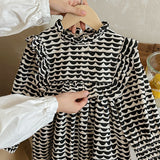 Arrival Autumn Girls Wave Print Stand Collar Ruffle Hem Dress